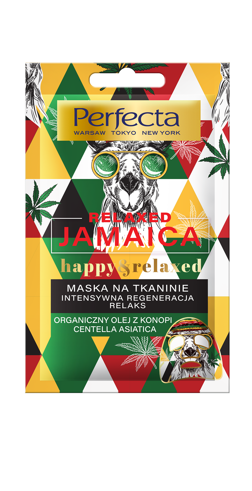 PERFECTA RELAXED JAMAICA HAPPY&RELAXED maska na tkaninie, intensywna regeneracja, relaks, organiczny olej z konopi, centella asiatica