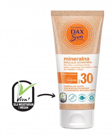 DAX SUN Mineralna emulsja ochronna dla osób o wrażliwej skórze, dzieci, niemowląt oraz kobiet w ciąży do twarzy i ciała wysoka ochrona UVA, UVB  SPF 30/Mineralne filtry wielkocząsteczkowe pochodzenia naturalnego