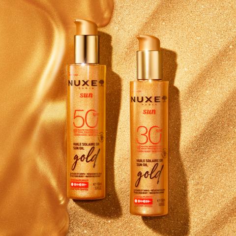 NOWOŚCI 2025! NUXE SUN Rozświetlające olejki z drobinkami do opalania twarzy i ciała